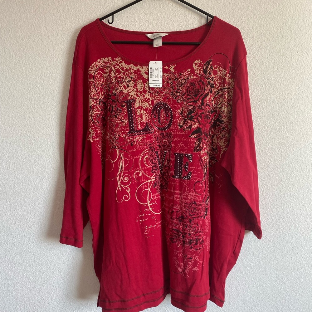 CJ Banks Red Size 3X 3/4 Sleeve Shirt 100% Cotton NWT B1